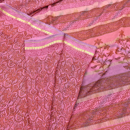 Women Vintage Sari Pink 100% Pure Georgette Silk Printed Saree Craft Fabric Sewing 6Yd Soft Sari Dress Making Crafting Quilting