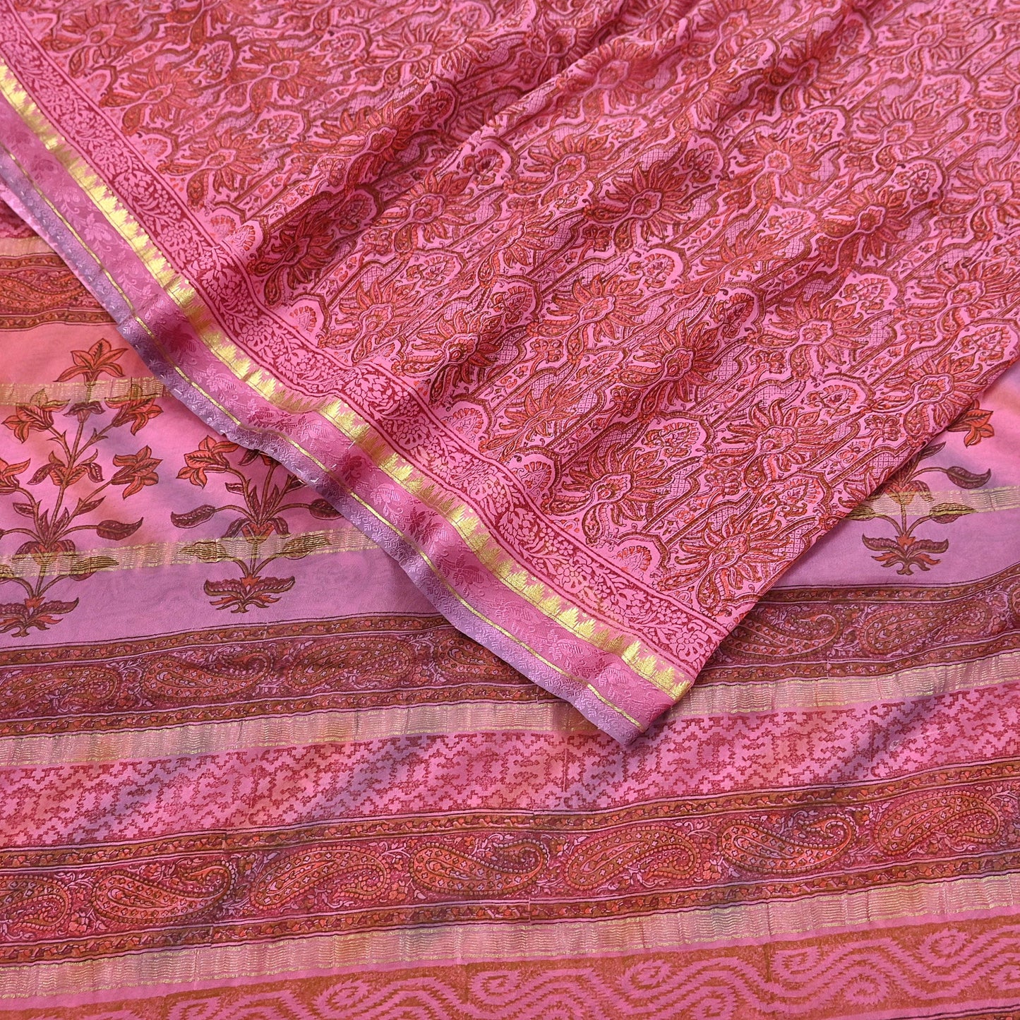 Women Vintage Sari Pink 100% Pure Georgette Silk Printed Saree Craft Fabric Sewing 6Yd Soft Sari Dress Making Crafting Quilting