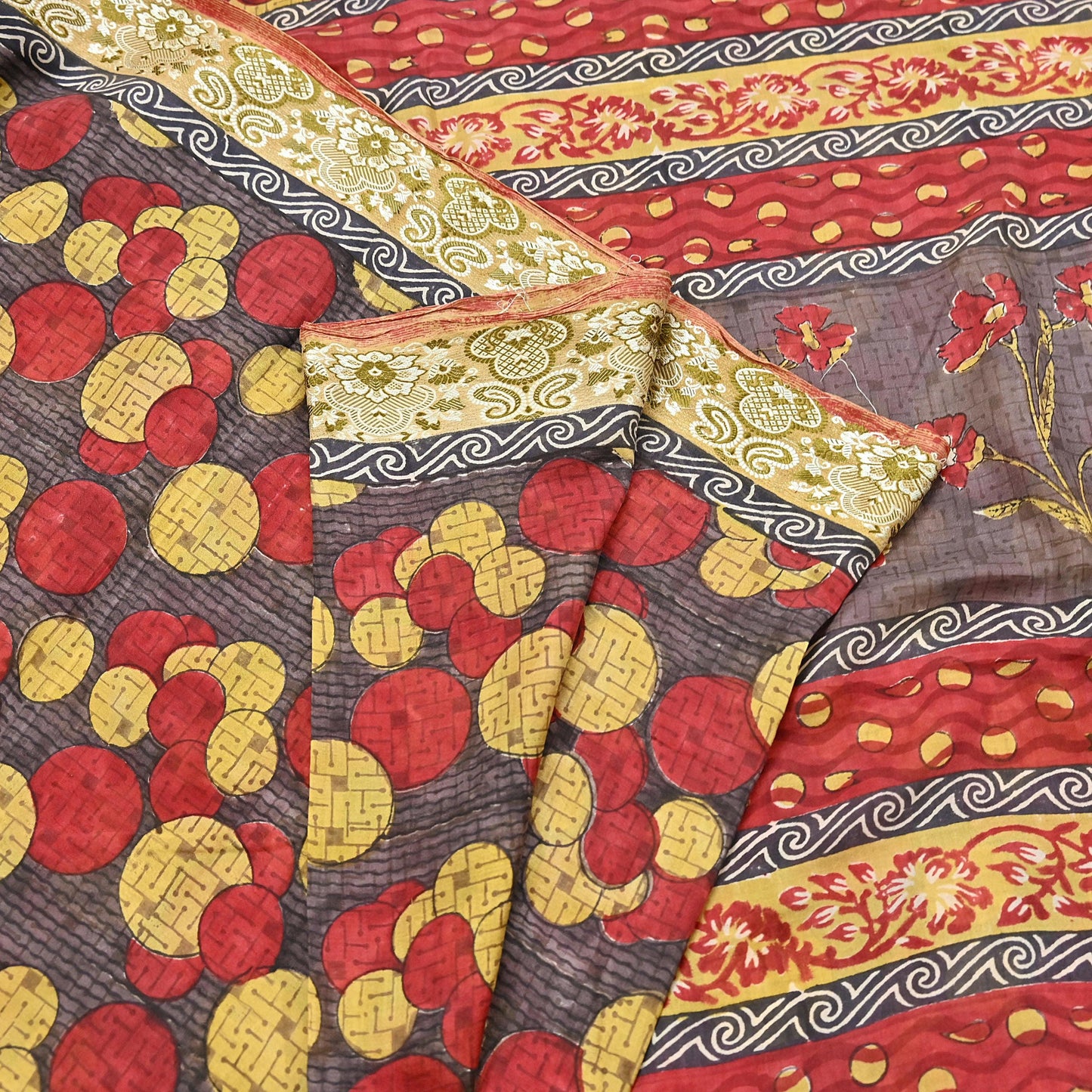 Indian Vintage Sari 100% Pure Silk Printed Sarees 5yd Sewing Craft Fabric Dress Making Soft Woven Border Upcycle Quilting