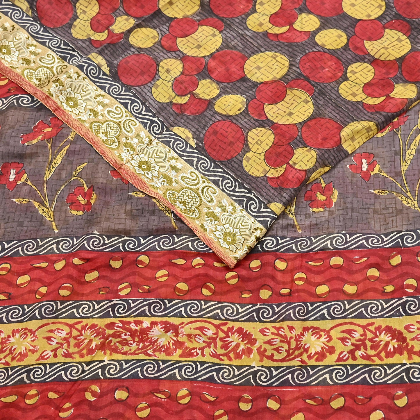 Indian Vintage Sari 100% Pure Silk Printed Sarees 5yd Sewing Craft Fabric Dress Making Soft Woven Border Upcycle Quilting