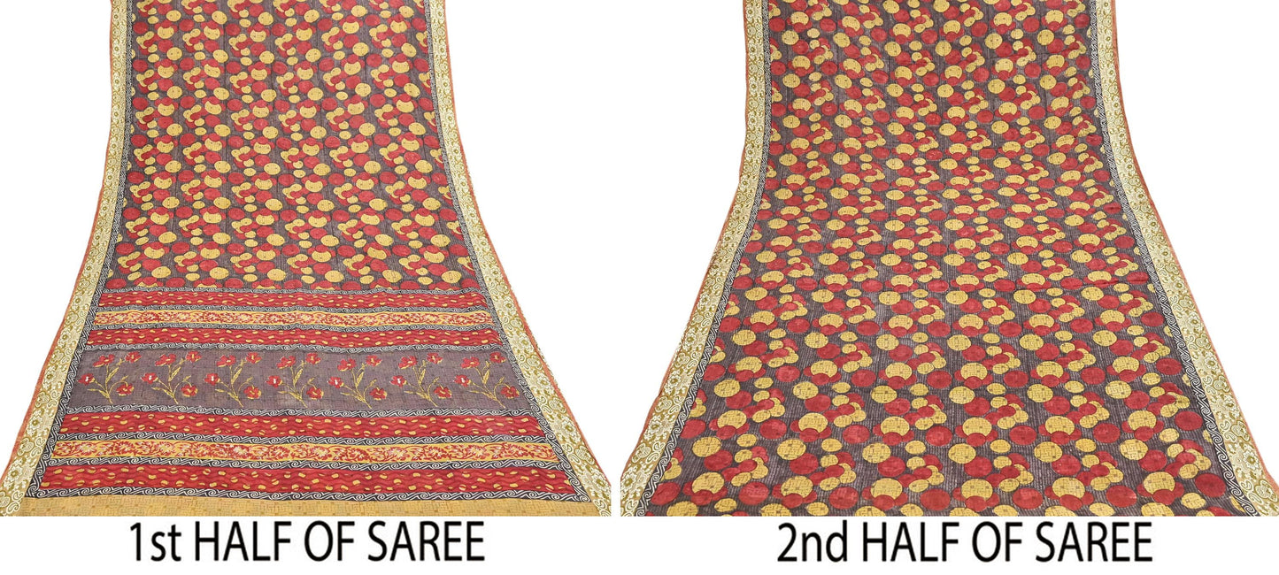 Indian Vintage Sari 100% Pure Silk Printed Sarees 5yd Sewing Craft Fabric Dress Making Soft Woven Border Upcycle Quilting