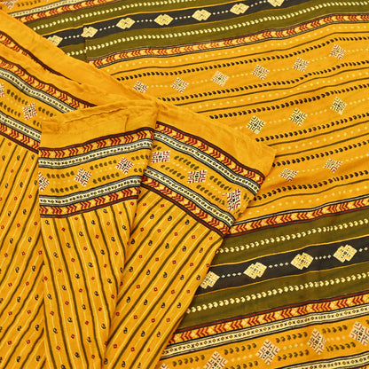 Indian Vintage Sari Yellow 100% Pure Silk Printed Sarees 6yd Sewing Craft Fabric Dress Making Soft Woven Border Upcycle Quilting