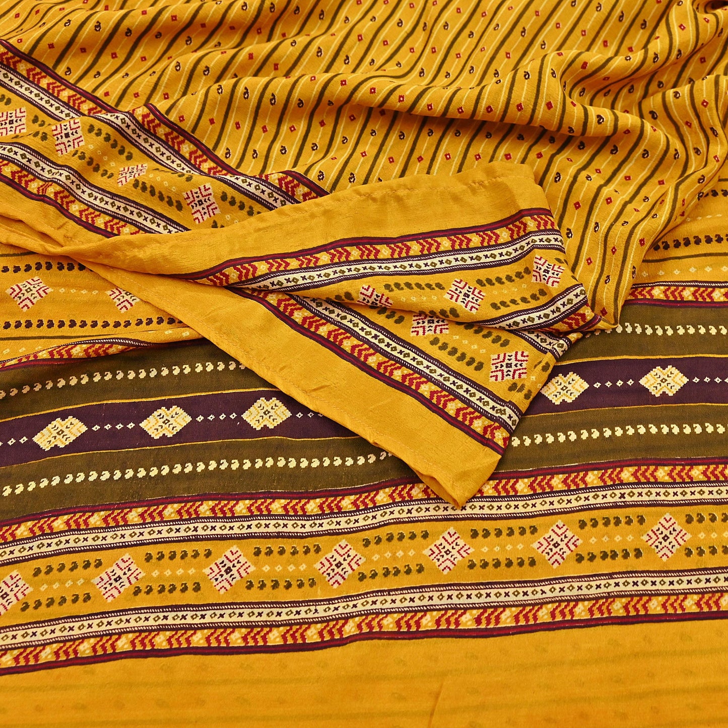 Indian Vintage Sari Yellow 100% Pure Silk Printed Sarees 6yd Sewing Craft Fabric Dress Making Soft Woven Border Upcycle Quilting