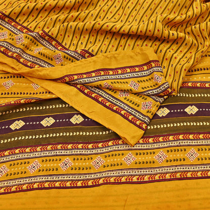 Indian Vintage Sari Yellow 100% Pure Silk Printed Sarees 6yd Sewing Craft Fabric Dress Making Soft Woven Border Upcycle Quilting