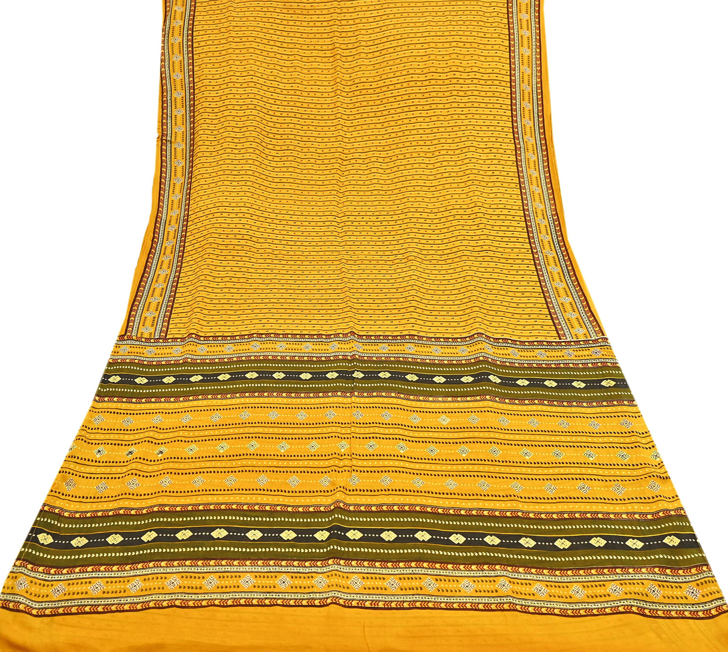 Indian Vintage Sari Yellow 100% Pure Silk Printed Sarees 6yd Sewing Craft Fabric Dress Making Soft Woven Border Upcycle Quilting