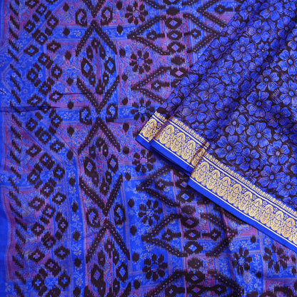 Vintage Sari Blue Pure Silk Printed Saree Fabric 5yard Sewing Soft Dress Designing for Crafting Quilting Upcycle Soft Border