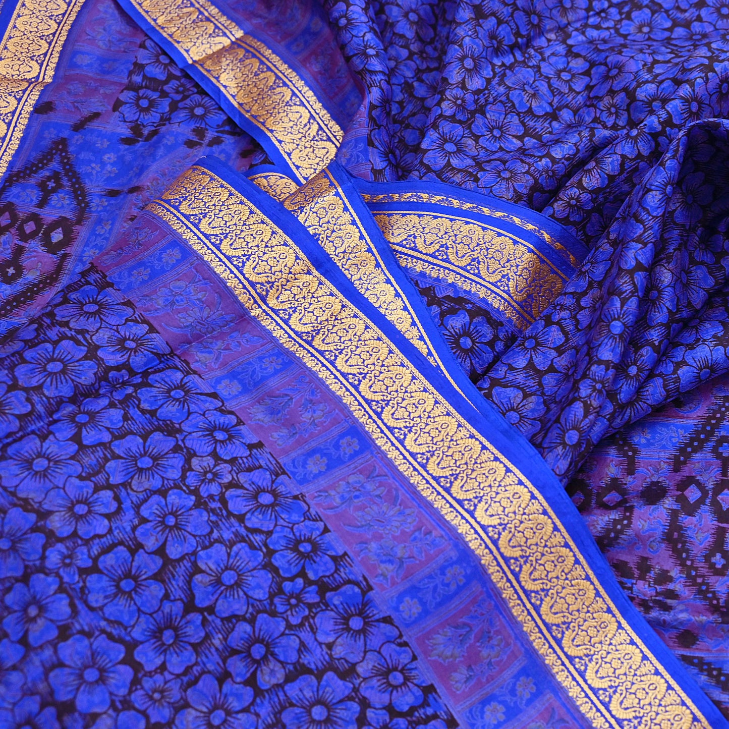 Vintage Sari Blue Pure Silk Printed Saree Fabric 5yard Sewing Soft Dress Designing for Crafting Quilting Upcycle Soft Border