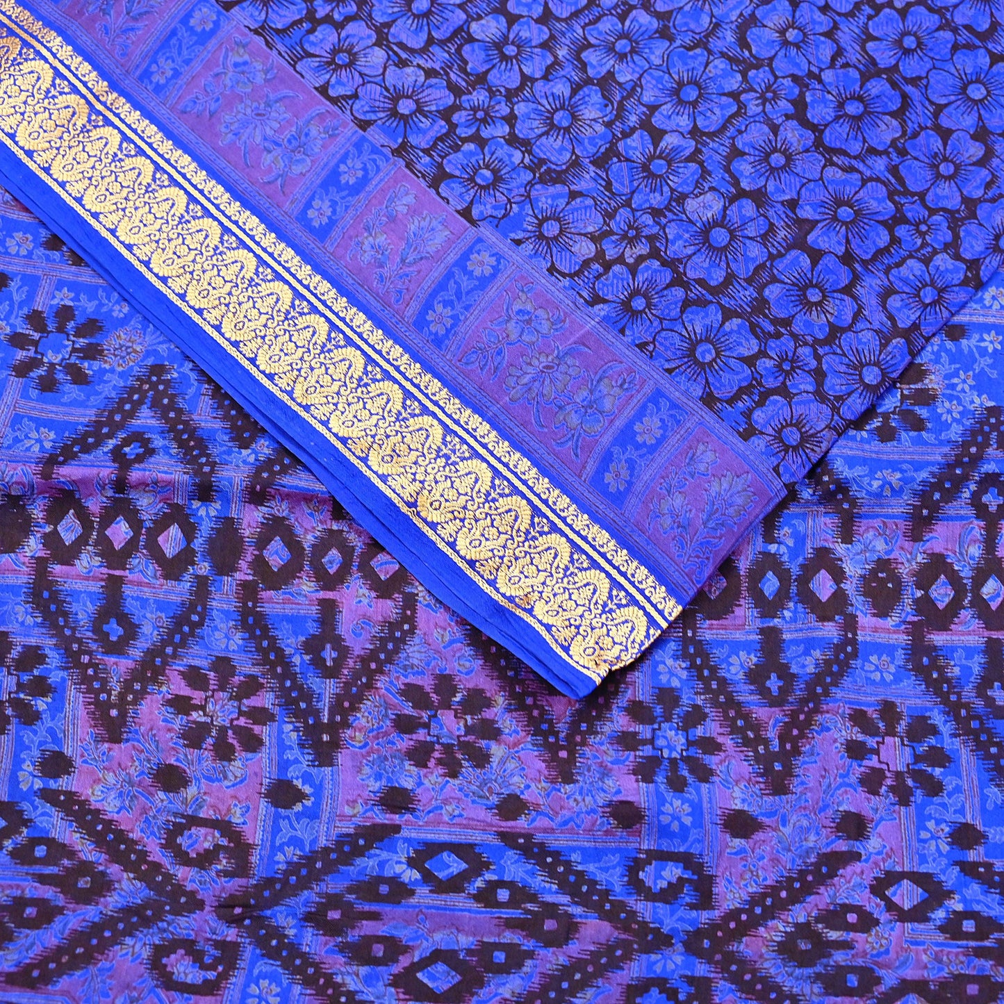 Vintage Sari Blue Pure Silk Printed Saree Fabric 5yard Sewing Soft Dress Designing for Crafting Quilting Upcycle Soft Border