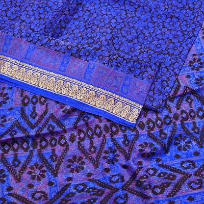 Vintage Sari Blue Pure Silk Printed Saree Fabric 5yard Sewing Soft Dress Designing for Crafting Quilting Upcycle Soft Border