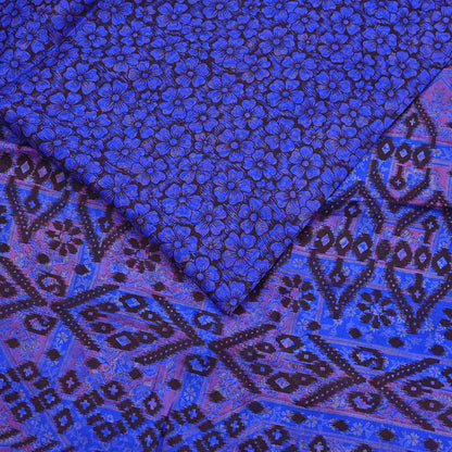 Vintage Sari Blue Pure Silk Printed Saree Fabric 5yard Sewing Soft Dress Designing for Crafting Quilting Upcycle Soft Border