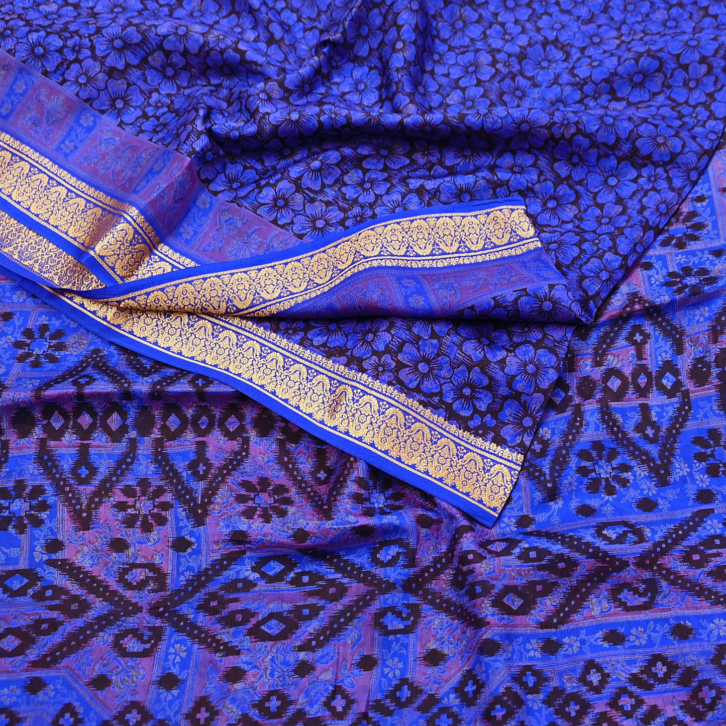 Vintage Sari Blue Pure Silk Printed Saree Fabric 5yard Sewing Soft Dress Designing for Crafting Quilting Upcycle Soft Border