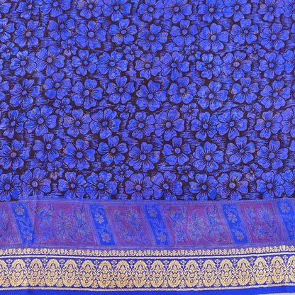 Vintage Sari Blue Pure Silk Printed Saree Fabric 5yard Sewing Soft Dress Designing for Crafting Quilting Upcycle Soft Border
