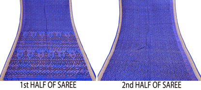 Vintage Sari Blue Pure Silk Printed Saree Fabric 5yard Sewing Soft Dress Designing for Crafting Quilting Upcycle Soft Border