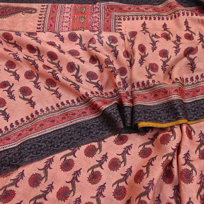 Vintage Peach Wool Saree Indian Pure Woolen Woven Floral Fabric 6Yard Soft Warm Craft Material for Winter Sewing Dressmaking