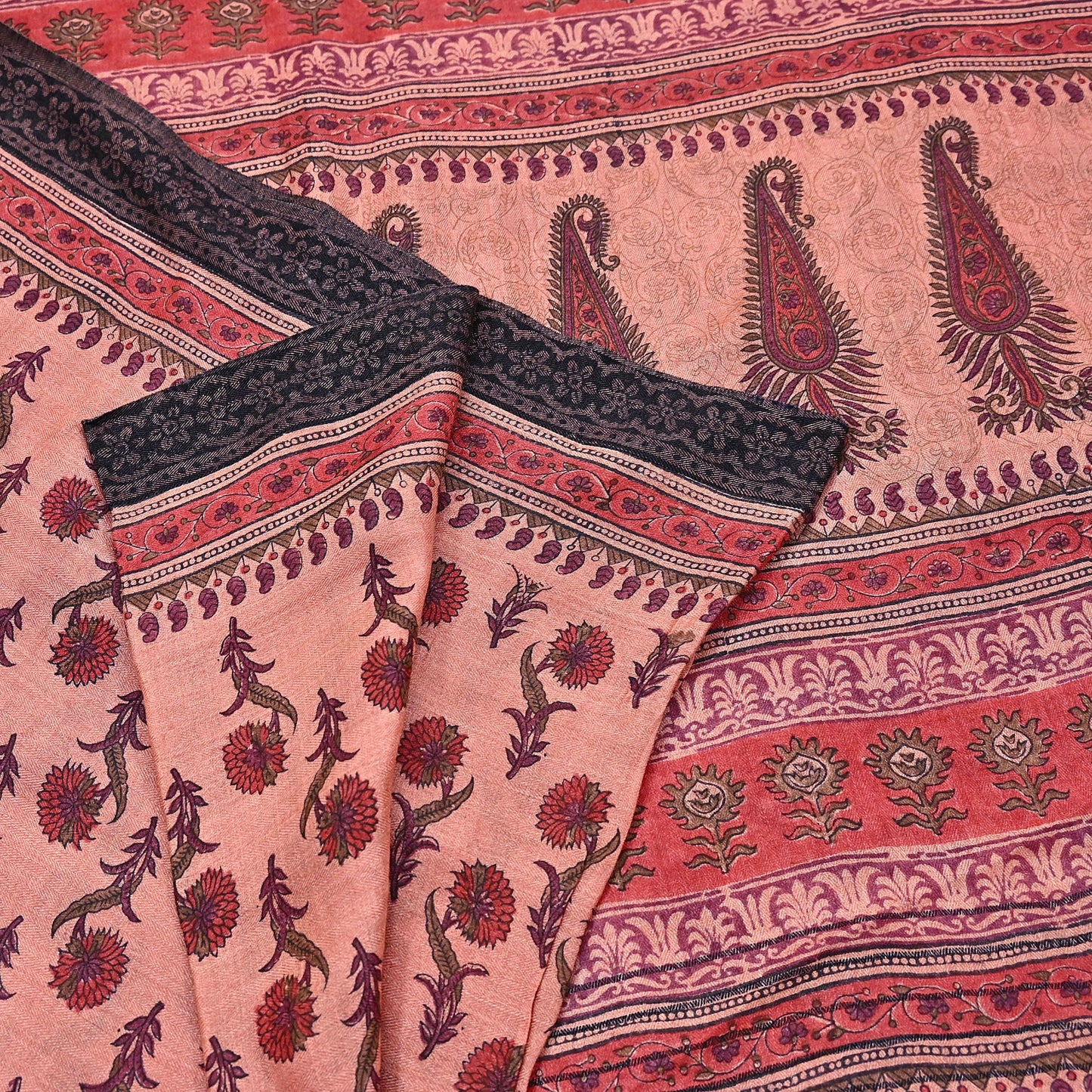 Vintage Peach Wool Saree Indian Pure Woolen Woven Floral Fabric 6Yard Soft Warm Craft Material for Winter Sewing Dressmaking
