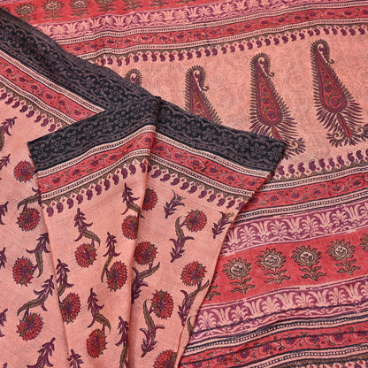 Vintage Peach Wool Saree Indian Pure Woolen Woven Floral Fabric 6Yard Soft Warm Craft Material for Winter Sewing Dressmaking
