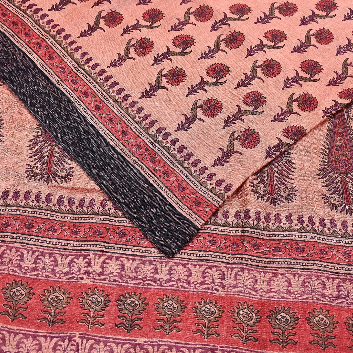 Vintage Peach Wool Saree Indian Pure Woolen Woven Floral Fabric 6Yard Soft Warm Craft Material for Winter Sewing Dressmaking