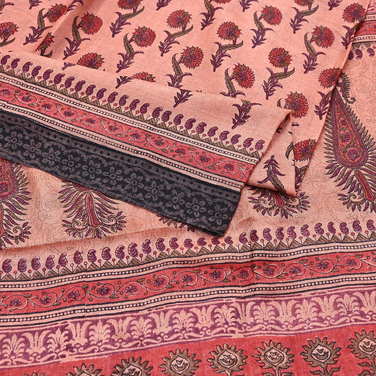 Vintage Peach Wool Saree Indian Pure Woolen Woven Floral Fabric 6Yard Soft Warm Craft Material for Winter Sewing Dressmaking