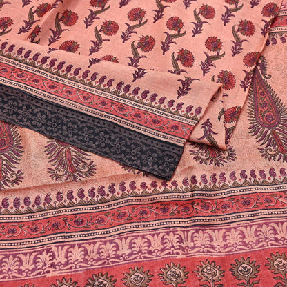 Vintage Peach Wool Saree Indian Pure Woolen Woven Floral Fabric 6Yard Soft Warm Craft Material for Winter Sewing Dressmaking