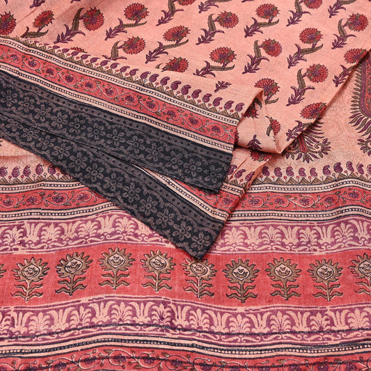 Vintage Peach Wool Saree Indian Pure Woolen Woven Floral Fabric 6Yard Soft Warm Craft Material for Winter Sewing Dressmaking