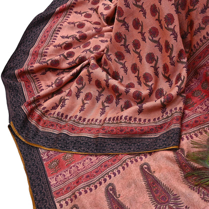 Vintage Peach Wool Saree Indian Pure Woolen Woven Floral Fabric 6Yard Soft Warm Craft Material for Winter Sewing Dressmaking