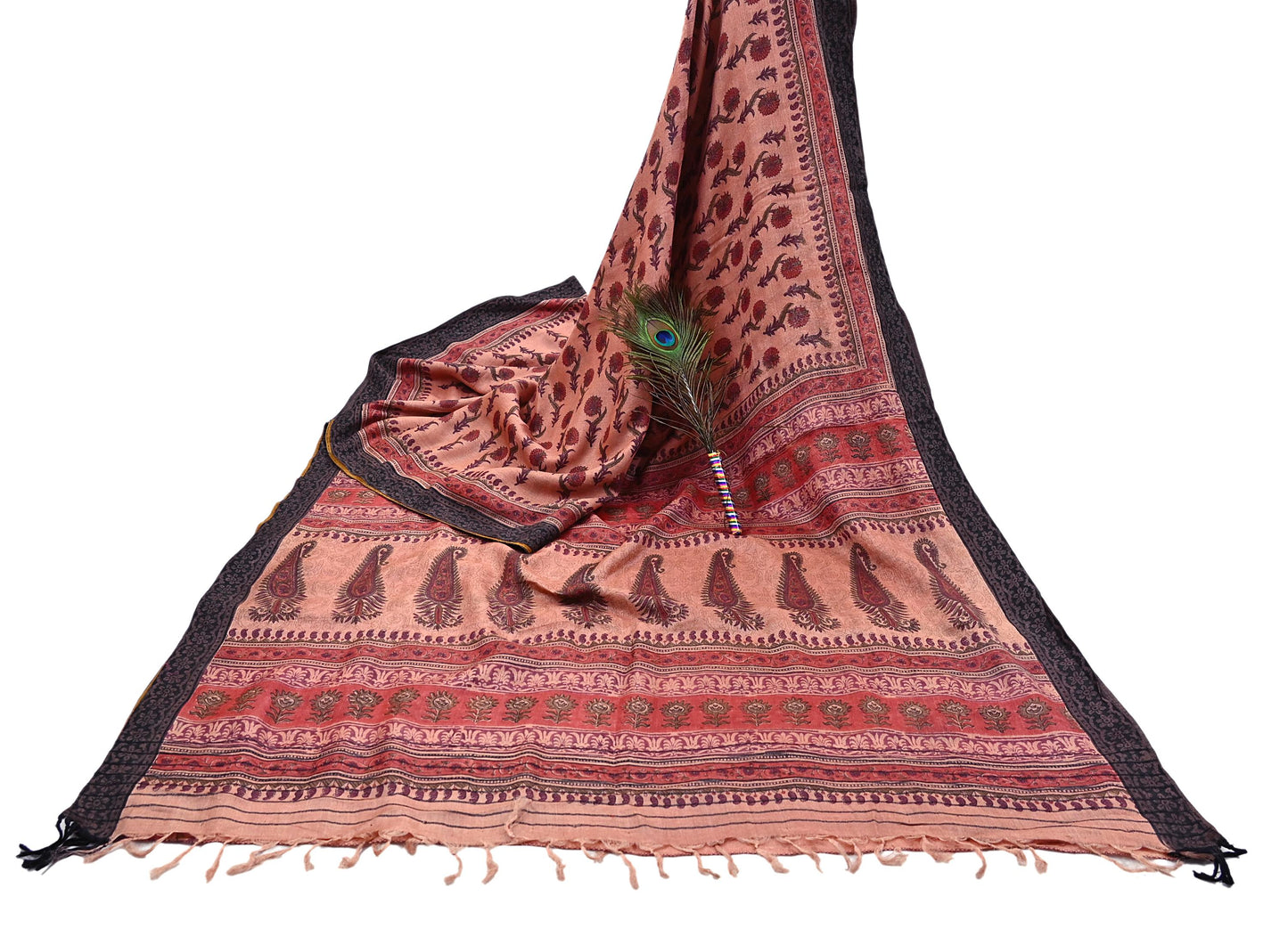 Vintage Peach Wool Saree Indian Pure Woolen Woven Floral Fabric 6Yard Soft Warm Craft Material for Winter Sewing Dressmaking