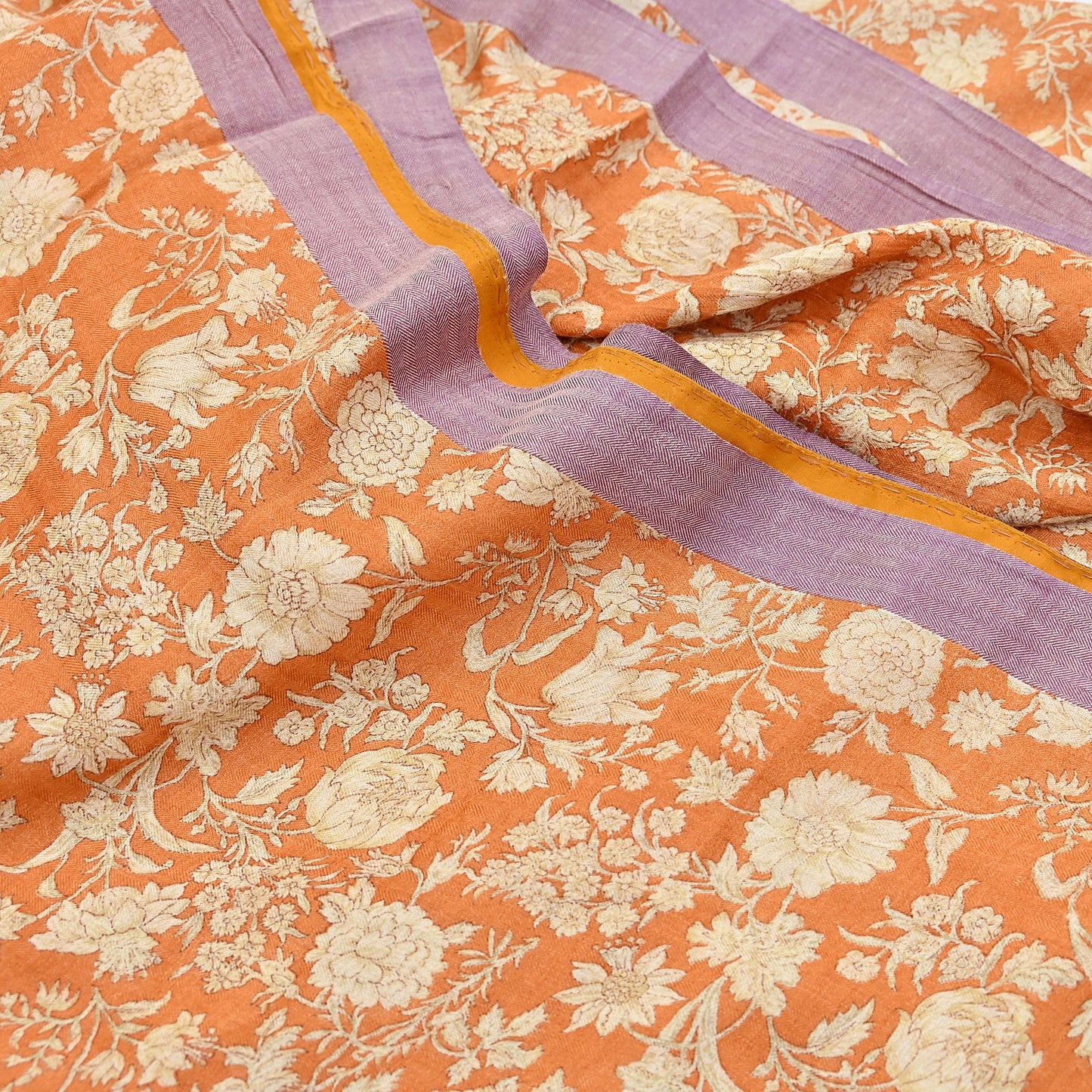 Indian Vintage Sari Orange & Beige Pure Woolen Woven Printed Sarees Soft Warm Craft Fabric 5Yd Floral Dress making Crafting Quilting