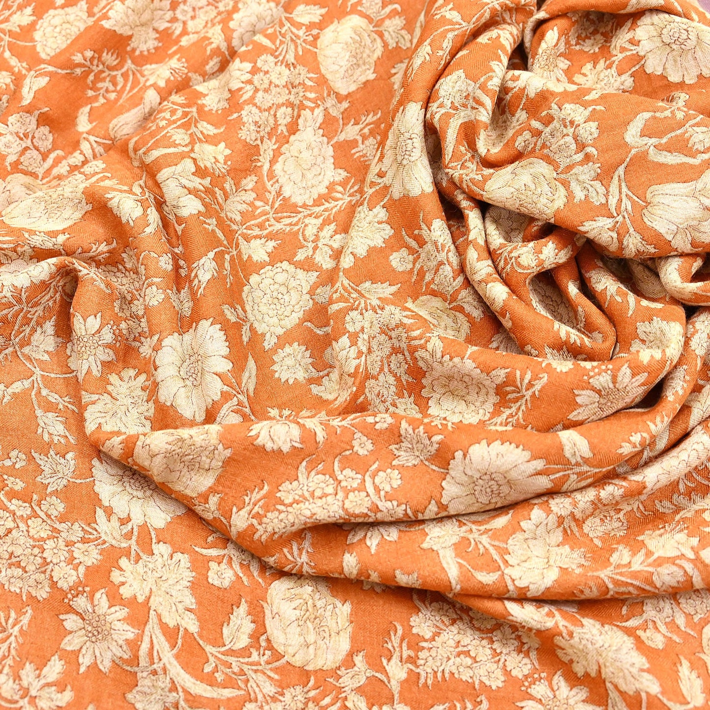 Indian Vintage Sari Orange & Beige Pure Woolen Woven Printed Sarees Soft Warm Craft Fabric 5Yd Floral Dress making Crafting Quilting