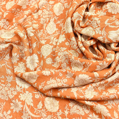 Indian Vintage Sari Orange & Beige Pure Woolen Woven Printed Sarees Soft Warm Craft Fabric 5Yd Floral Dress making Crafting Quilting