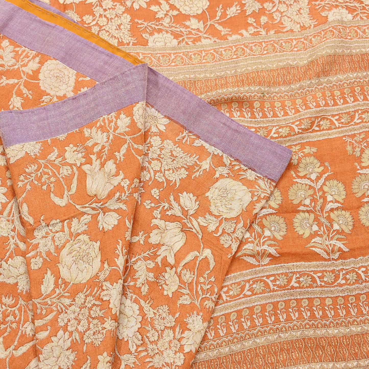 Indian Vintage Sari Orange & Beige Pure Woolen Woven Printed Sarees Soft Warm Craft Fabric 5Yd Floral Dress making Crafting Quilting