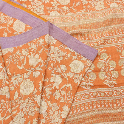 Indian Vintage Sari Orange & Beige Pure Woolen Woven Printed Sarees Soft Warm Craft Fabric 5Yd Floral Dress making Crafting Quilting