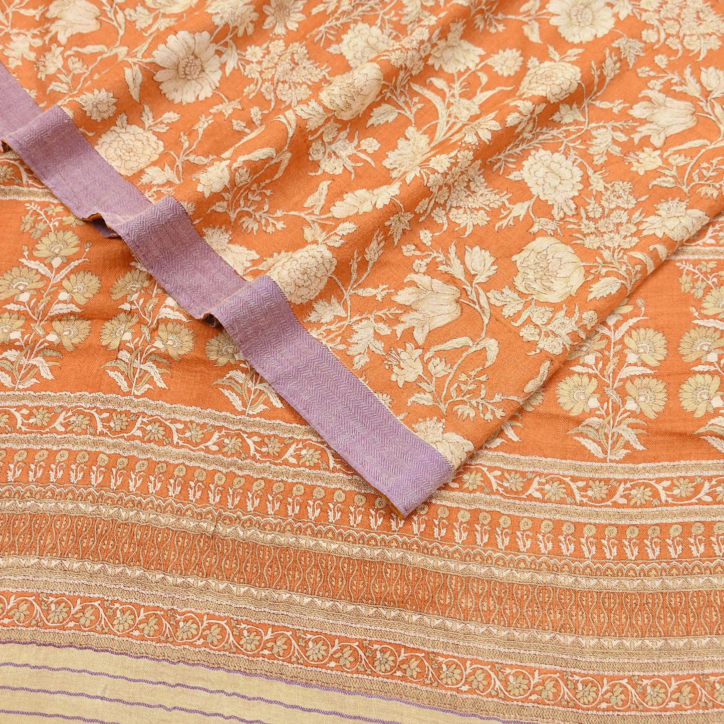Indian Vintage Sari Orange & Beige Pure Woolen Woven Printed Sarees Soft Warm Craft Fabric 5Yd Floral Dress making Crafting Quilting