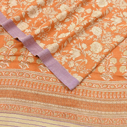 Indian Vintage Sari Orange & Beige Pure Woolen Woven Printed Sarees Soft Warm Craft Fabric 5Yd Floral Dress making Crafting Quilting