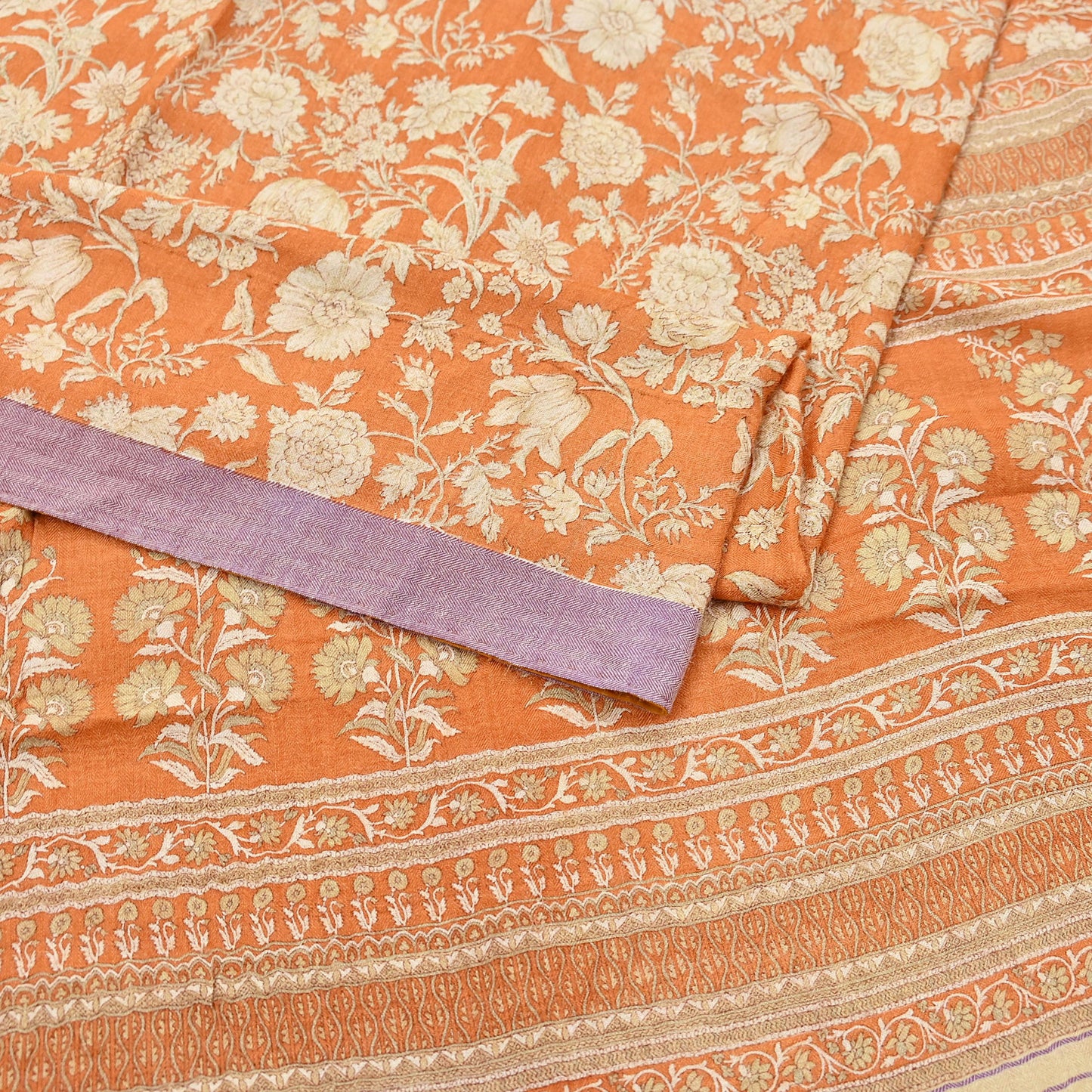 Indian Vintage Sari Orange & Beige Pure Woolen Woven Printed Sarees Soft Warm Craft Fabric 5Yd Floral Dress making Crafting Quilting