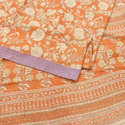 Indian Vintage Sari Orange & Beige Pure Woolen Woven Printed Sarees Soft Warm Craft Fabric 5Yd Floral Dress making Crafting Quilting