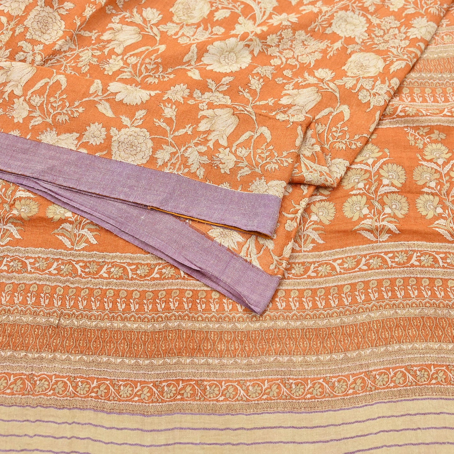 Indian Vintage Sari Orange & Beige Pure Woolen Woven Printed Sarees Soft Warm Craft Fabric 5Yd Floral Dress making Crafting Quilting
