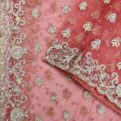 Indian Vintage Heavy Dupatta Pink Net Mesh Long Stole Hand Embroidered Scarves Wedding veil Wrap Boho