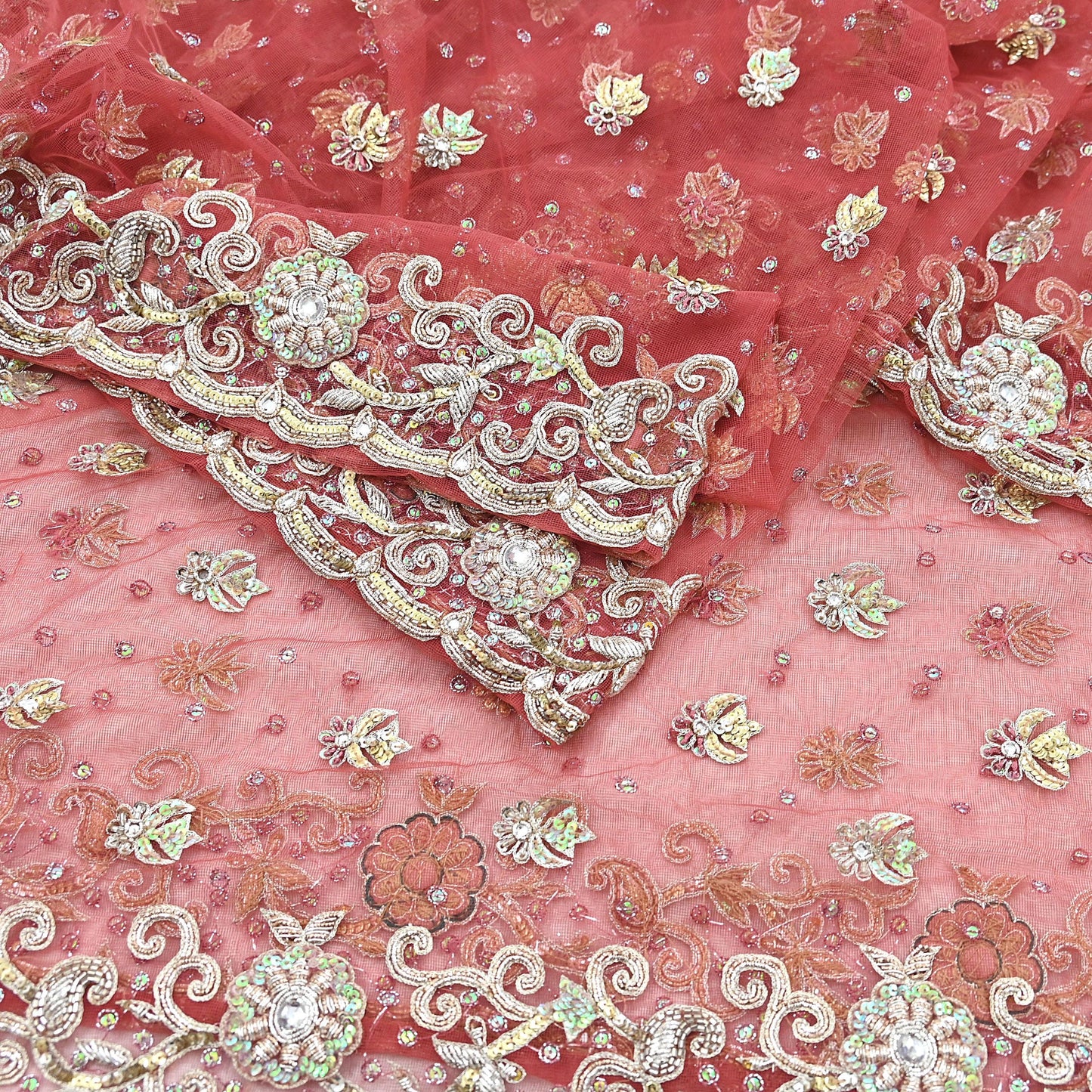 Indian Vintage Heavy Dupatta Pink Net Mesh Long Stole Hand Embroidered Scarves Wedding veil Wrap Boho