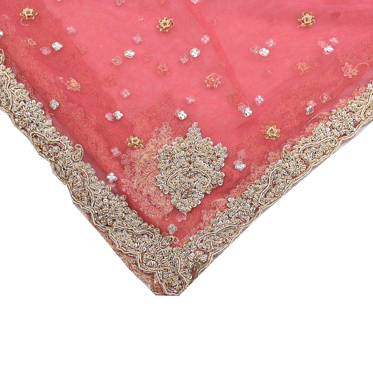 Indian Vintage Heavy Bridal Dupatta Pink Net Mesh Long Stole Hand Embroidered Scarves Sequins Glass Bead Wedding veil Wrap Boho