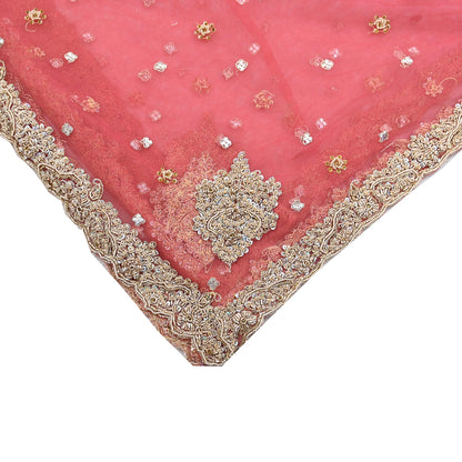 Indian Vintage Heavy Bridal Dupatta Pink Net Mesh Long Stole Hand Embroidered Scarves Sequins Glass Bead Wedding veil Wrap Boho