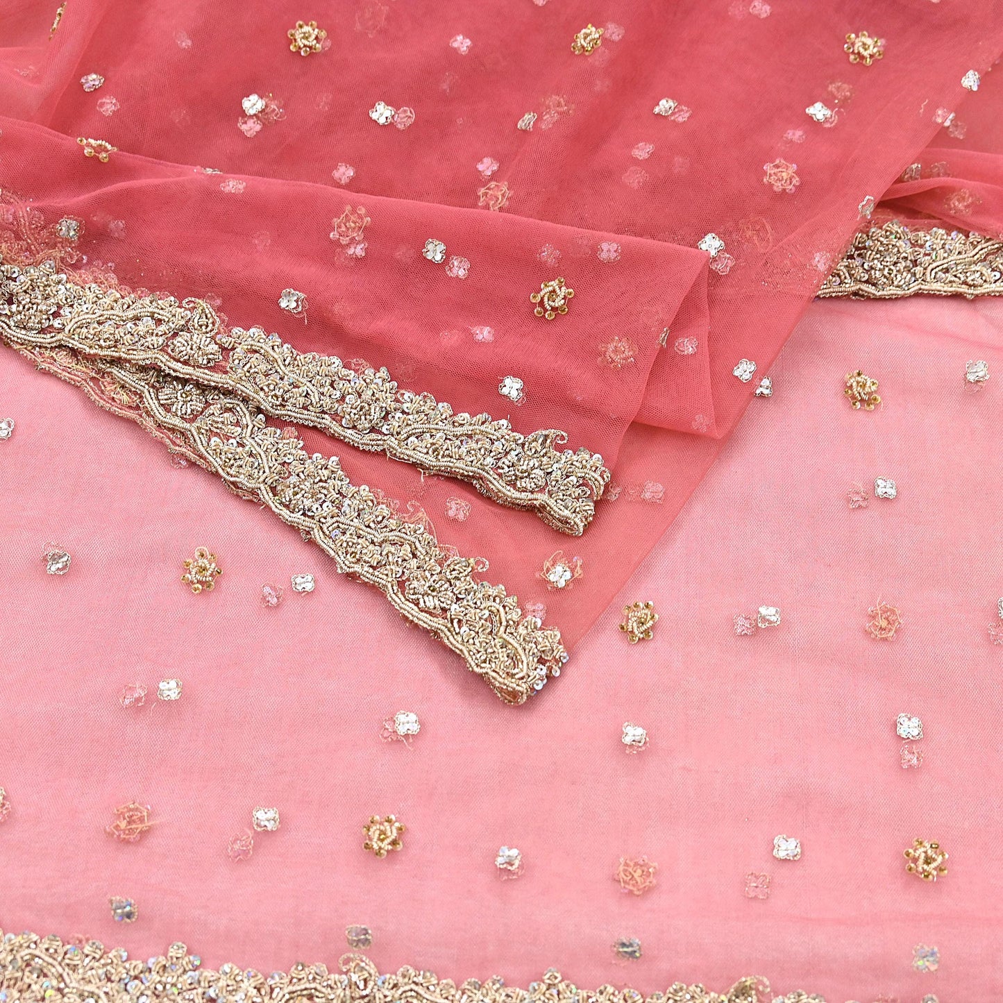Indian Vintage Heavy Bridal Dupatta Pink Net Mesh Long Stole Hand Embroidered Scarves Sequins Glass Bead Wedding veil Wrap Boho