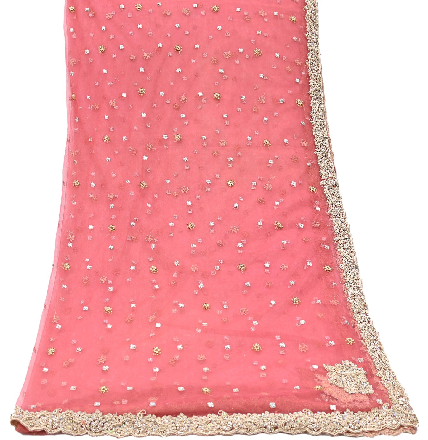 Indian Vintage Heavy Bridal Dupatta Pink Net Mesh Long Stole Hand Embroidered Scarves Sequins Glass Bead Wedding veil Wrap Boho