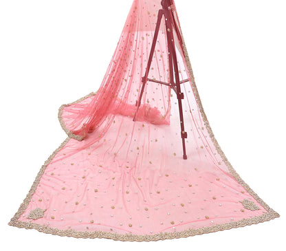 Indian Vintage Heavy Bridal Dupatta Pink Net Mesh Long Stole Hand Embroidered Scarves Sequins Glass Bead Wedding veil Wrap Boho