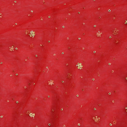 Indian Vintage Heavy Red Dupatta Net Mesh Long Stole Hand Embroidered Scarves Golden Zardozi Zari Sequins Stole