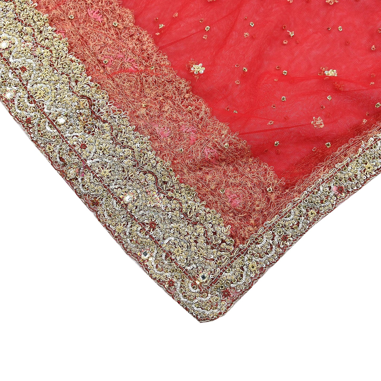 Indian Vintage Heavy Red Dupatta Net Mesh Long Stole Hand Embroidered Scarves Golden Zardozi Zari Sequins Stole