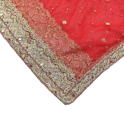 Indian Vintage Heavy Red Dupatta Net Mesh Long Stole Hand Embroidered Scarves Golden Zardozi Zari Sequins Stole