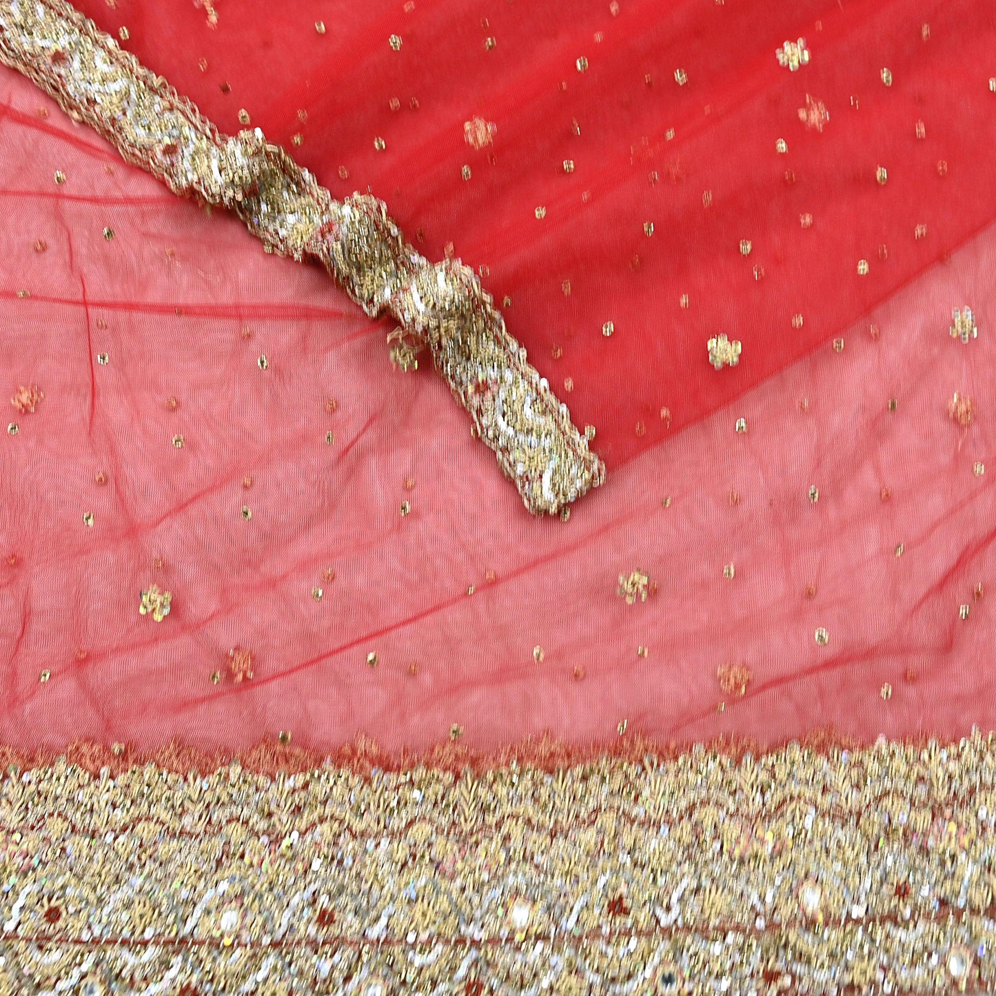 Indian Vintage Heavy Red Dupatta Net Mesh Long Stole Hand Embroidered Scarves Golden Zardozi Zari Sequins Stole