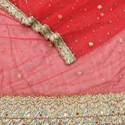 Indian Vintage Heavy Red Dupatta Net Mesh Long Stole Hand Embroidered Scarves Golden Zardozi Zari Sequins Stole