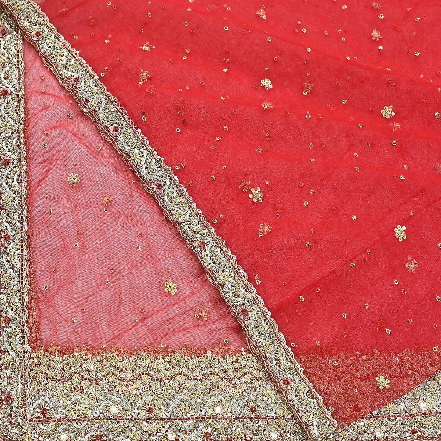 Indian Vintage Heavy Red Dupatta Net Mesh Long Stole Hand Embroidered Scarves Golden Zardozi Zari Sequins Stole