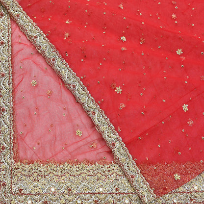 Indian Vintage Heavy Red Dupatta Net Mesh Long Stole Hand Embroidered Scarves Golden Zardozi Zari Sequins Stole